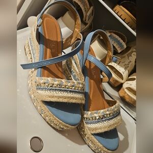 Blue and Tan Espadrilles with Platform Sole and Ankle Strap